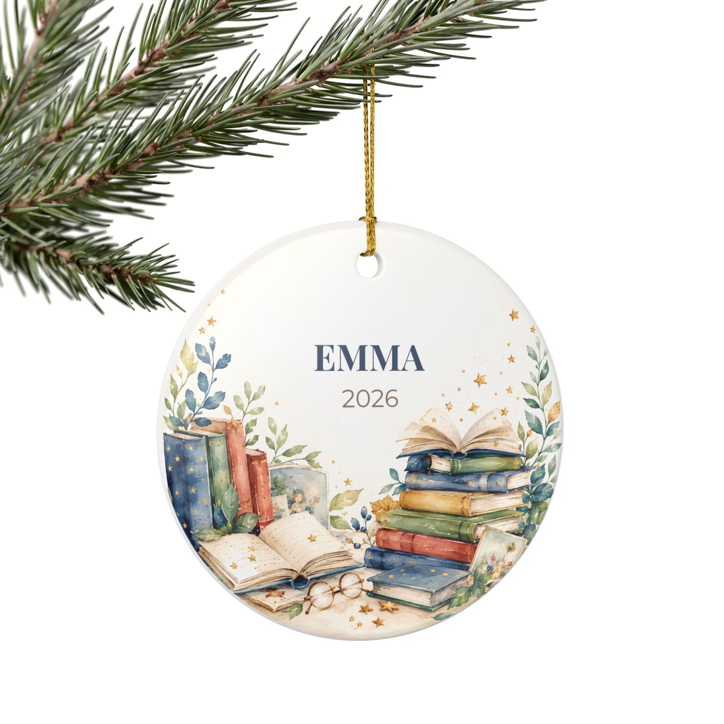 Personalized Book Lover Ceramic Ornament — Custom Name & Year