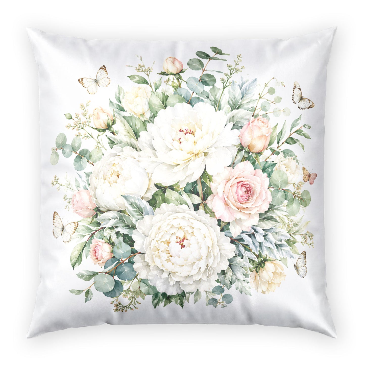 Floral Velvet Pillow — Soft White Peony Bouquet Throw Pillow