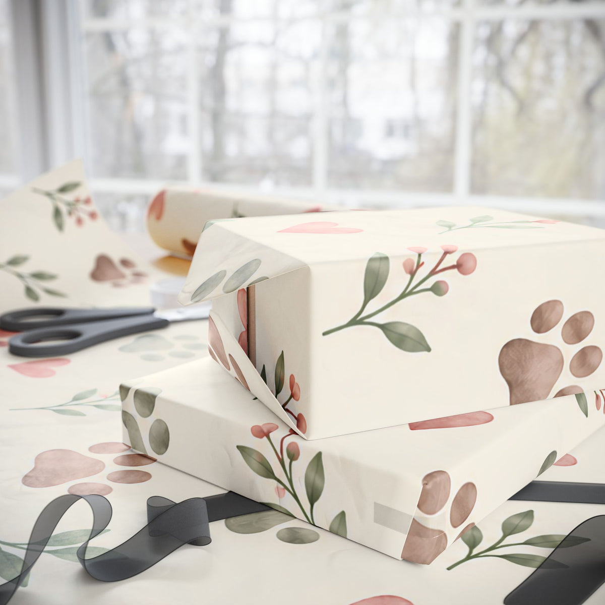 Floral Paw Print Wrapping Paper — Botanical Gift Wrap for Pet Lovers