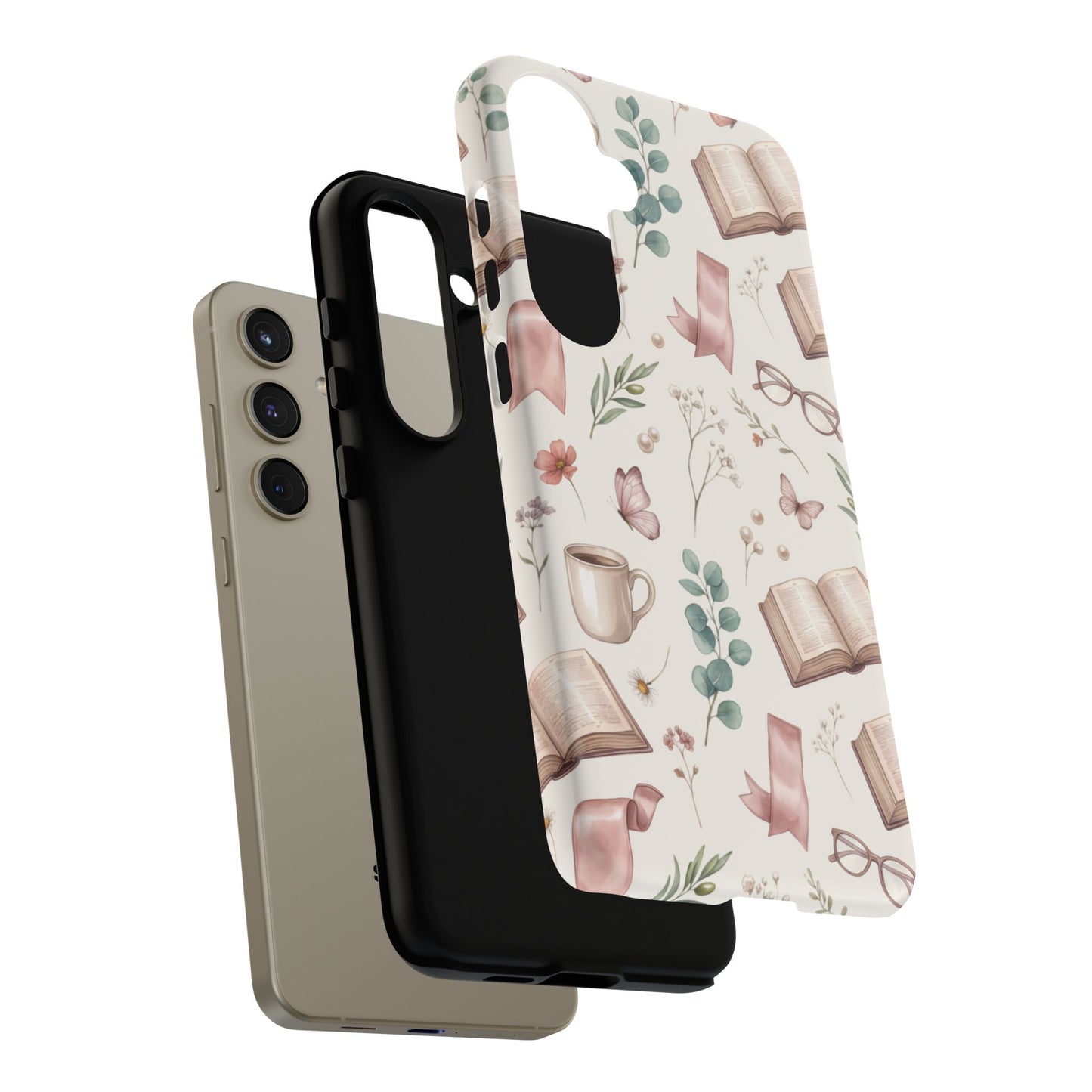 Bookish Floral Phone Case — Cozy Reading Pattern with Open Books, Glasses & Coffee