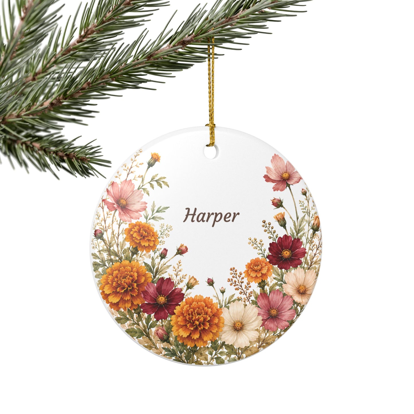 Personalized Floral Ceramic Ornament — Custom Name Fall Bouquet Decoration
