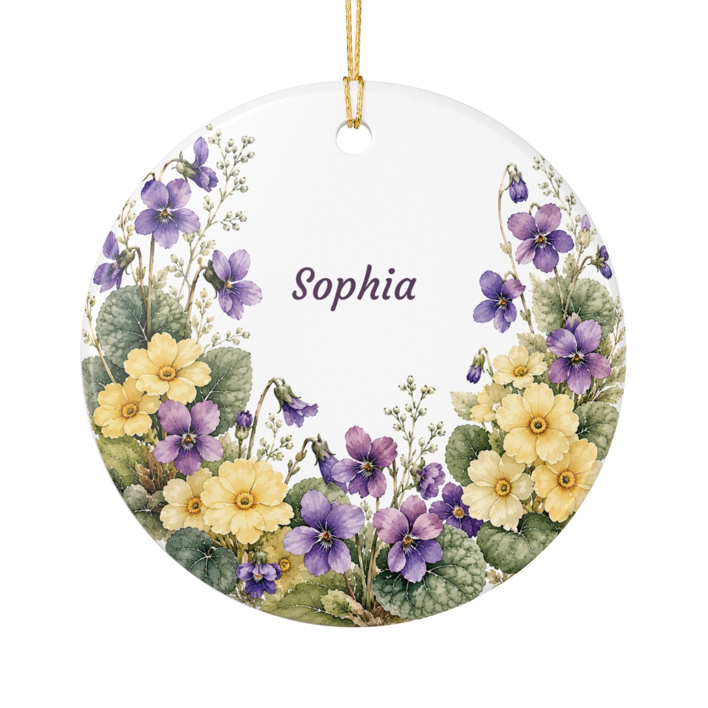 Personalized Floral Ceramic Ornament — Custom Name Violet & Yellow Flower Decoration