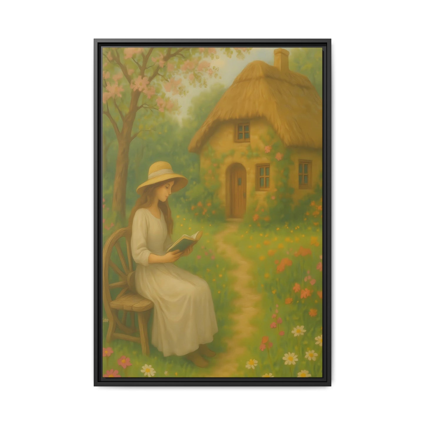 Cottage Garden Reader – Framed Matte Canvas Wall Art of Woman Reading by a Thatched Cottage