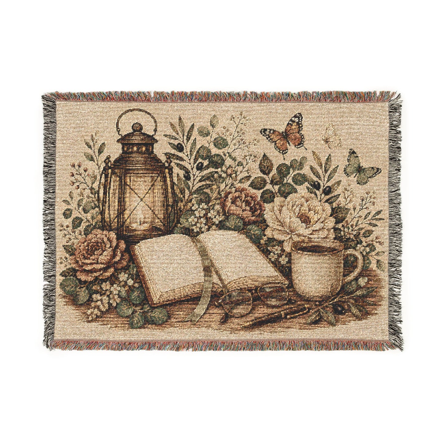 Cozy Reading Woven Throw Blanket — Lantern, Open Book & Floral Tapestry