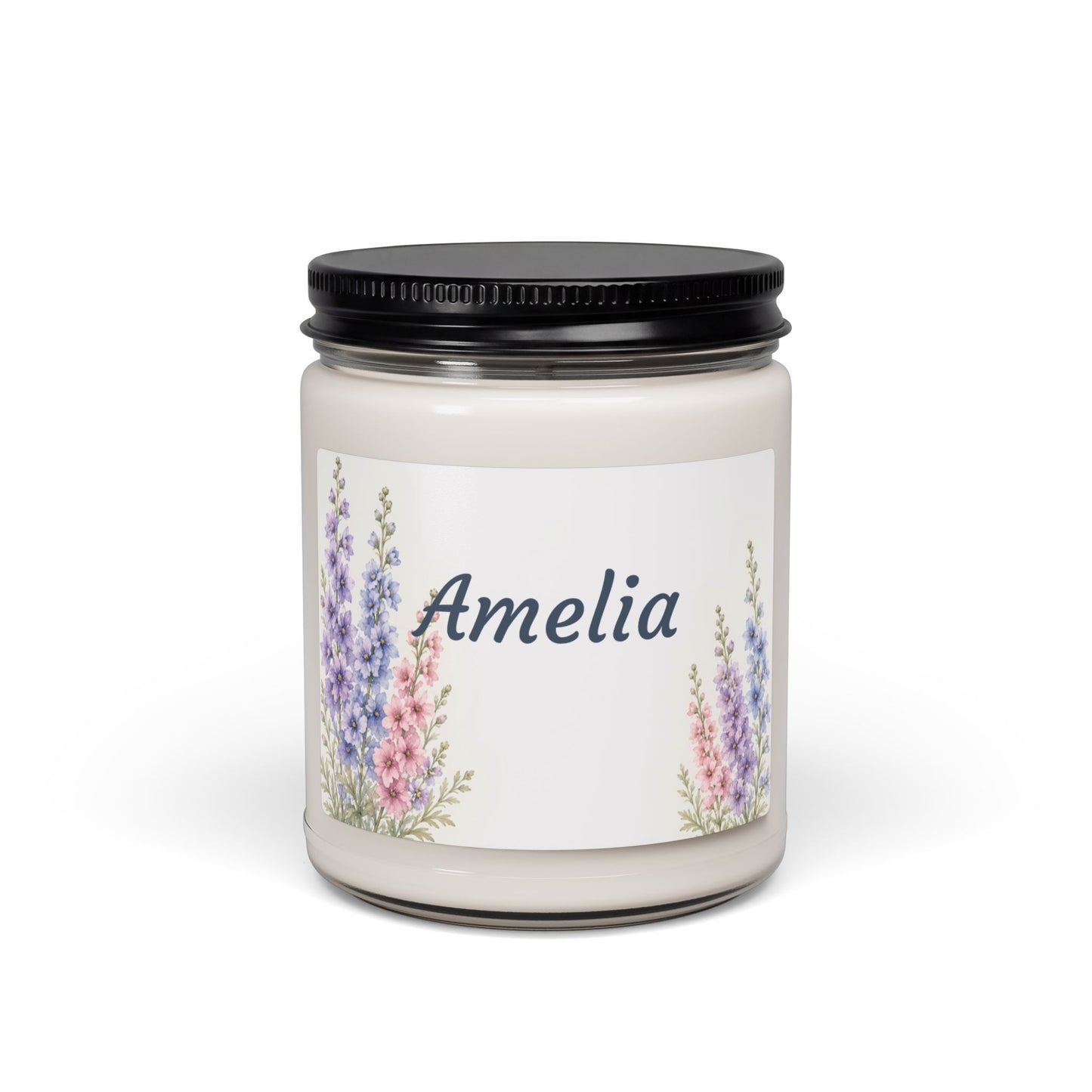 Personalized Lavender Floral Soy Candle — 9oz Scented Jar (Name: Amelia)