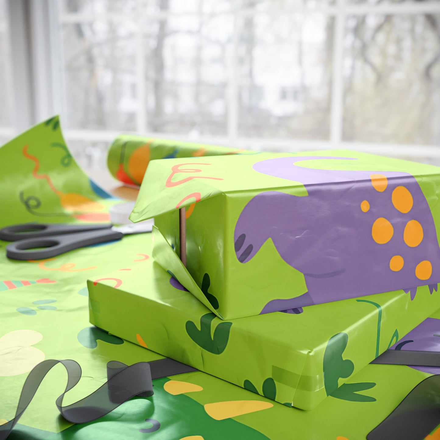 Dinosaur Party Wrapping Paper – Colorful Dinos with Balloons & Hats on Green