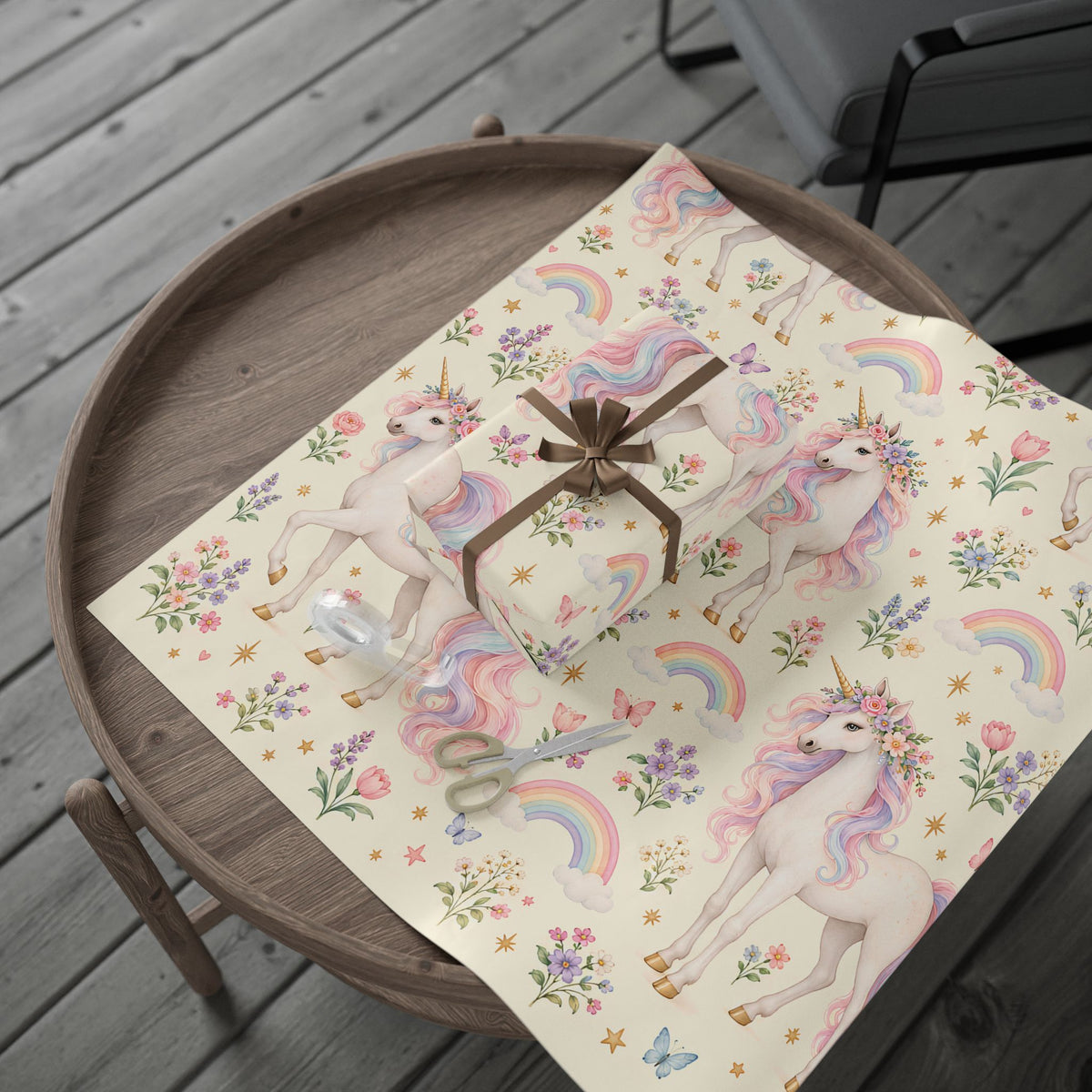 Unicorn Floral Wrapping Paper Roll — Pastel Rainbow Gift Wrap