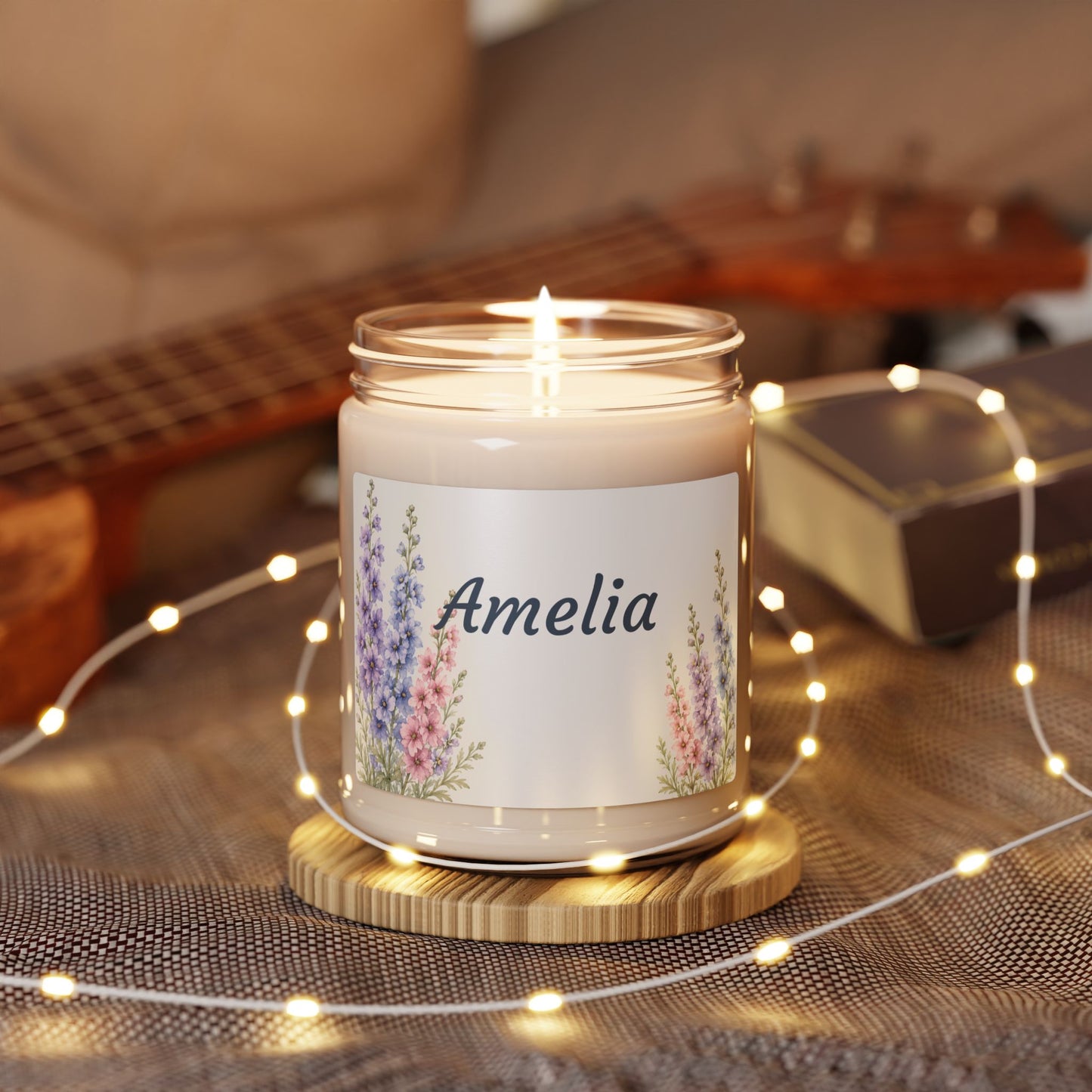 Personalized Lavender Floral Soy Candle — 9oz Scented Jar (Name: Amelia)