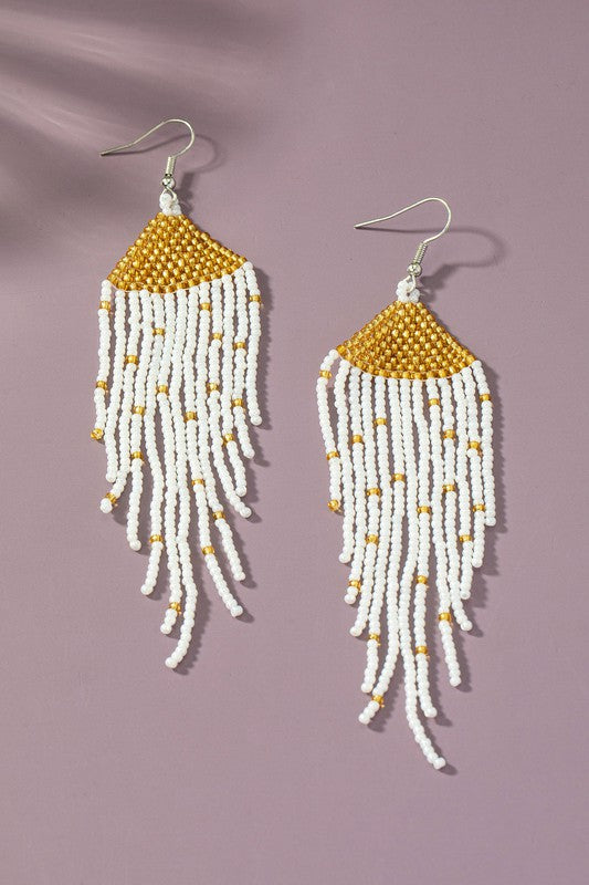 Boho Long Handwoven Seed Bead Eagle Earrings.
