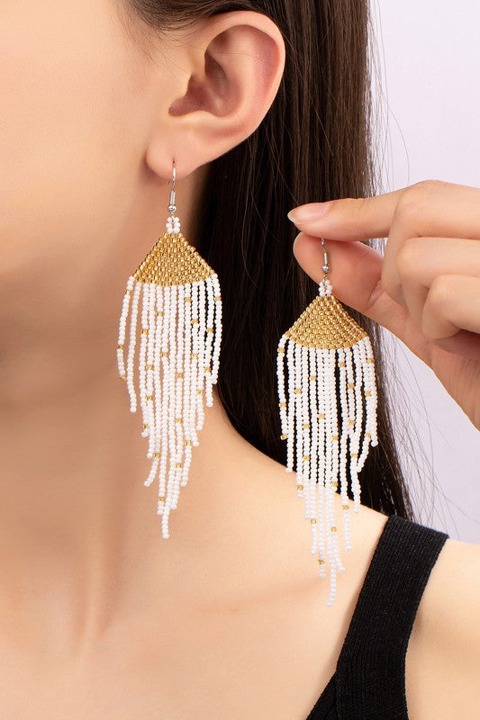 Boho Long Handwoven Seed Bead Eagle Earrings.