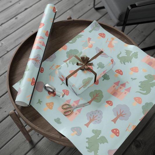 Whimsical Fairy Tale Wrapping Paper – Dragons, Fairies & Castles on Pastel Blue