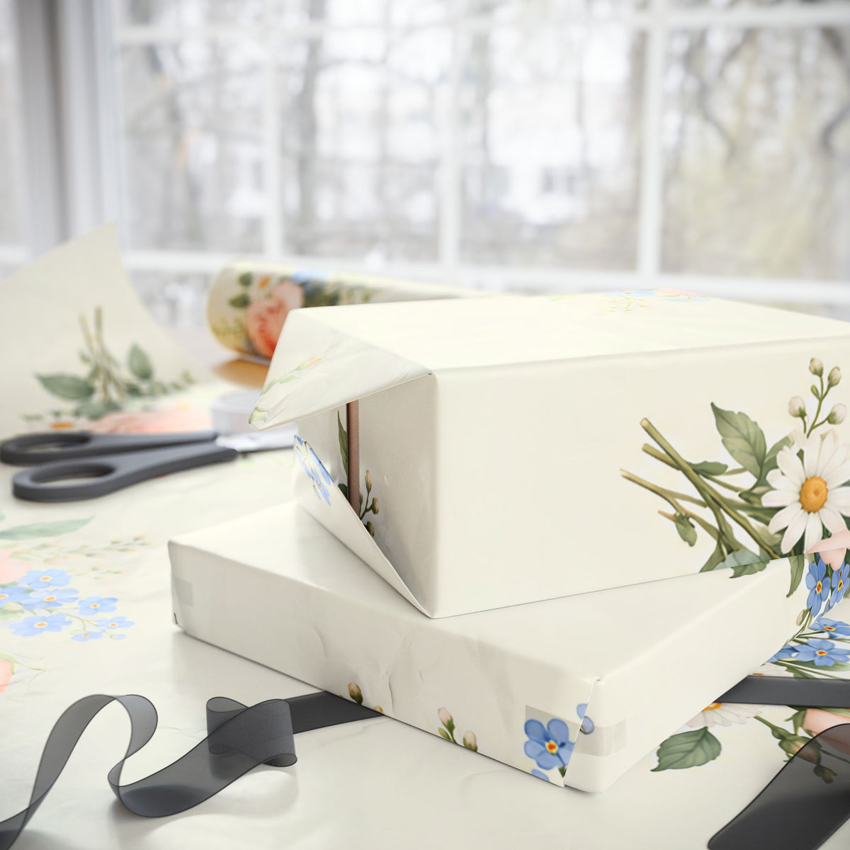 Floral Vintage Wrapping Paper Roll — Soft Cream Peony & Wildflower Gift Wrap