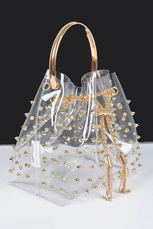 Studded Clear Top Handle PVC Clutch Bag