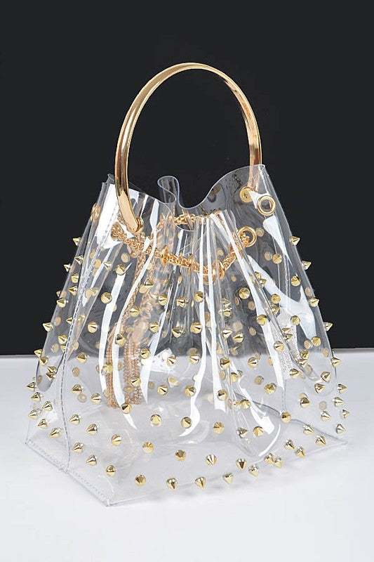 Studded Clear Top Handle PVC Clutch Bag