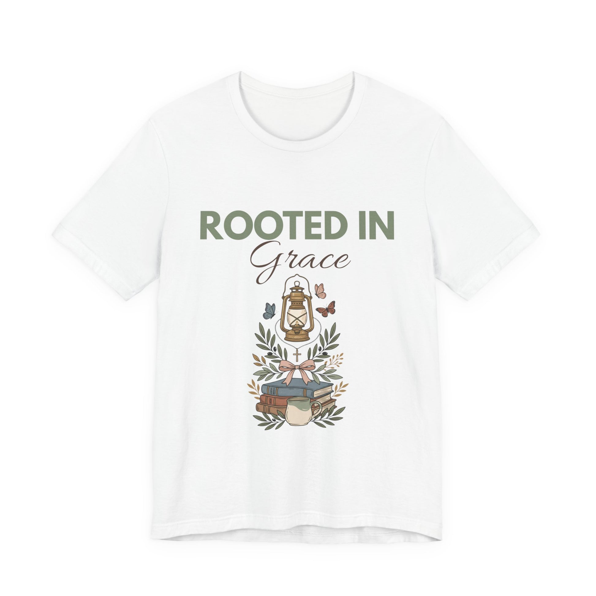 White t-shirt with 'Rooted in Grace' design featuring a lantern and books on a white background