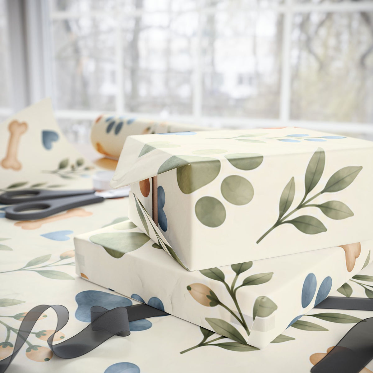 Paw Print Floral Wrapping Paper Roll — Cottage Garden Blooms