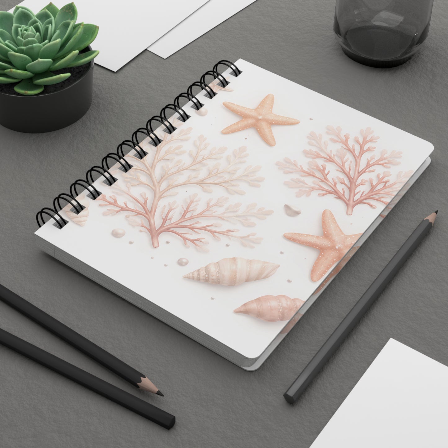 Seashell & Starfish Spiral Journal — Coastal Floral Notebook