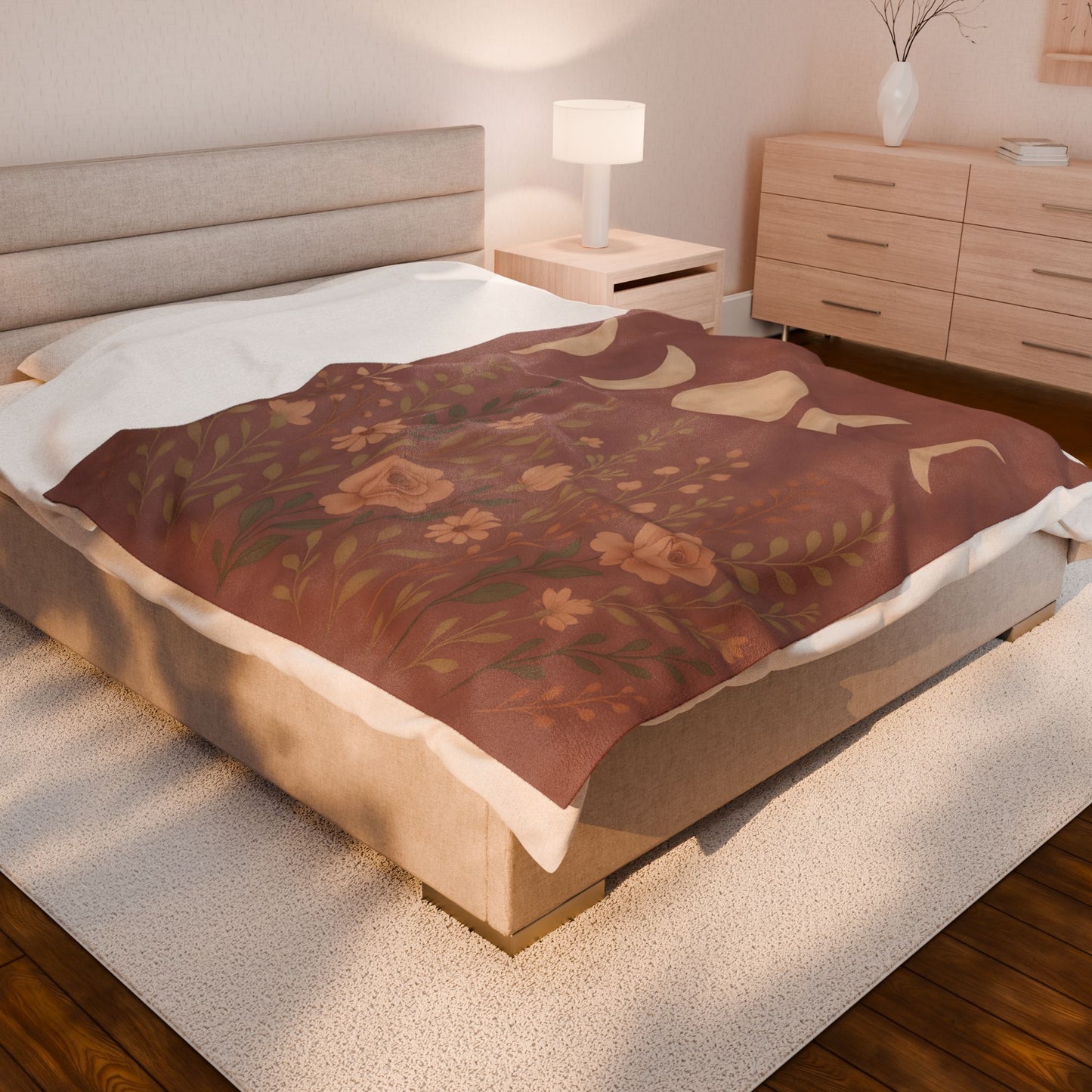 Moon Phases & Wildflowers Velveteen Plush Blanket – Boho Floral Throw for Cozy Nights