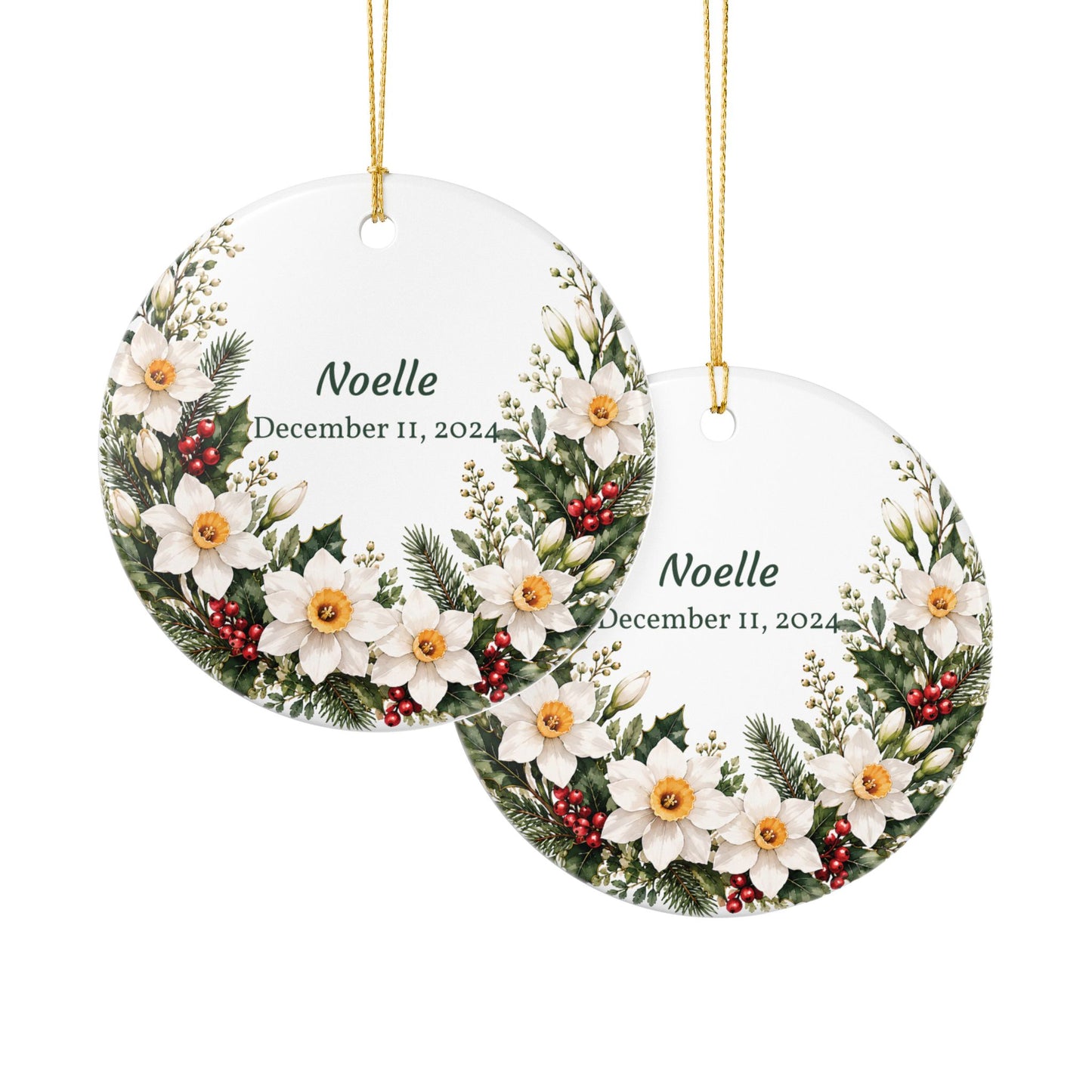 Personalized Ceramic Holiday Ornament — Floral Wreath with Name & Date