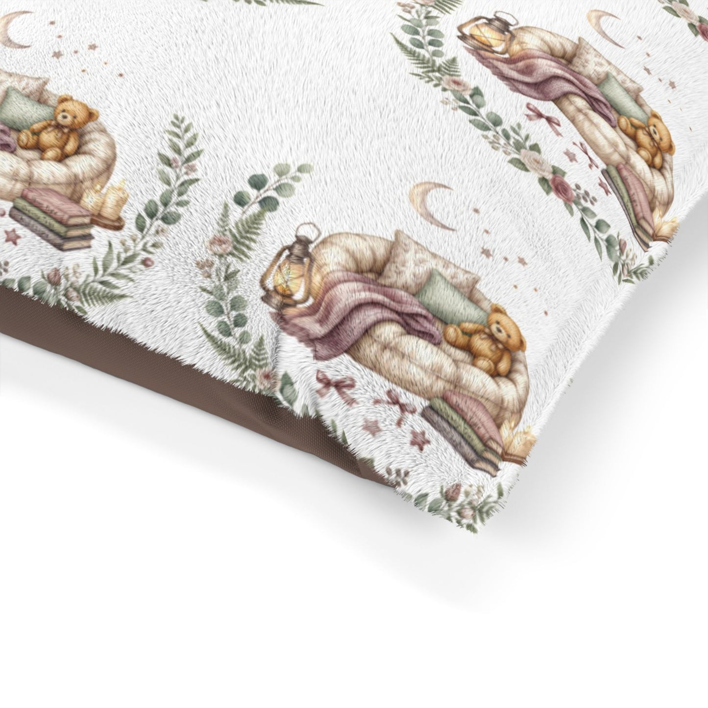 Moonlit Botanical Pet Bed – Watercolor Greenery & Moon Print