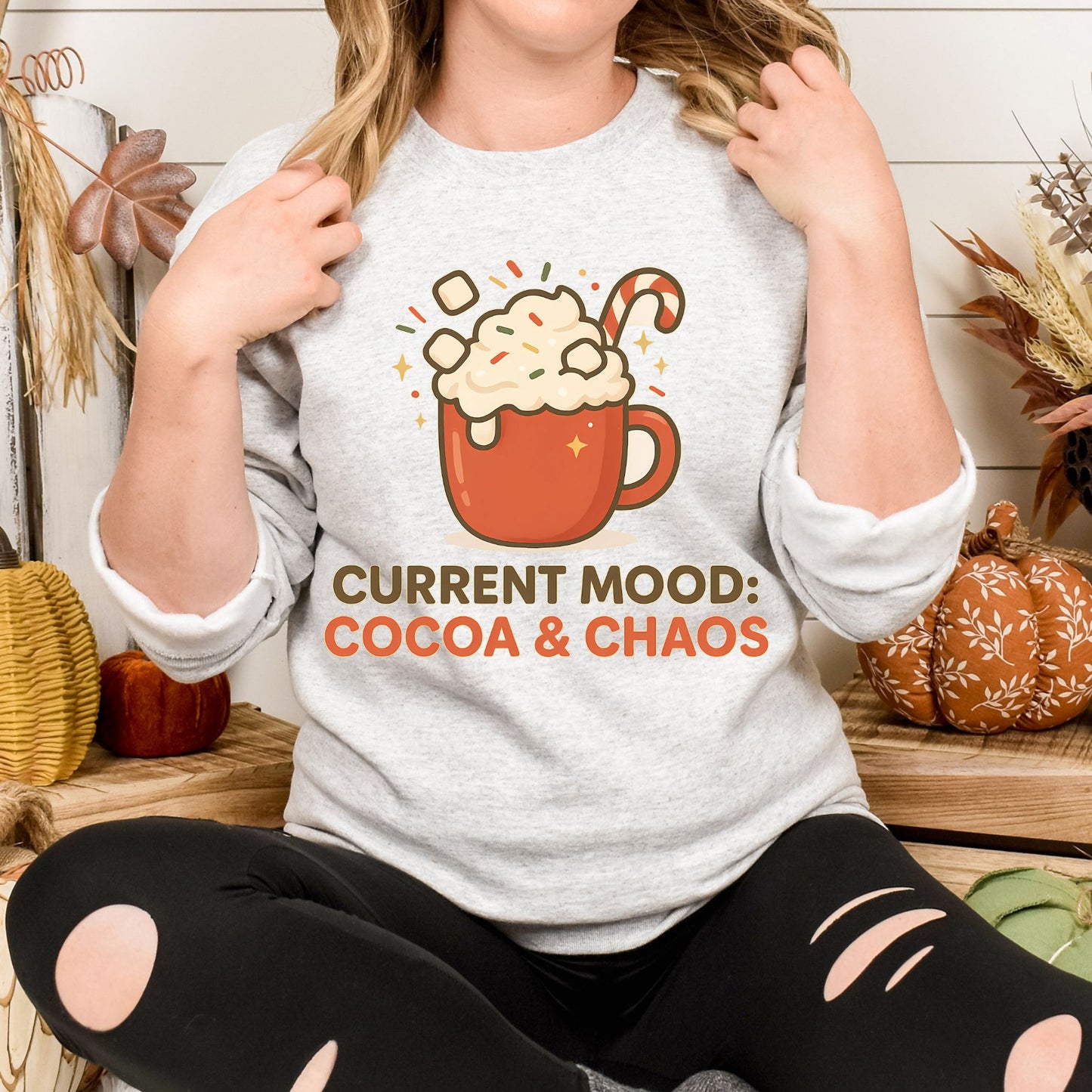 Current Mood: Cocoa & Chaos Holiday Sweatshirt – Cozy Christmas Crew Neck Pullover