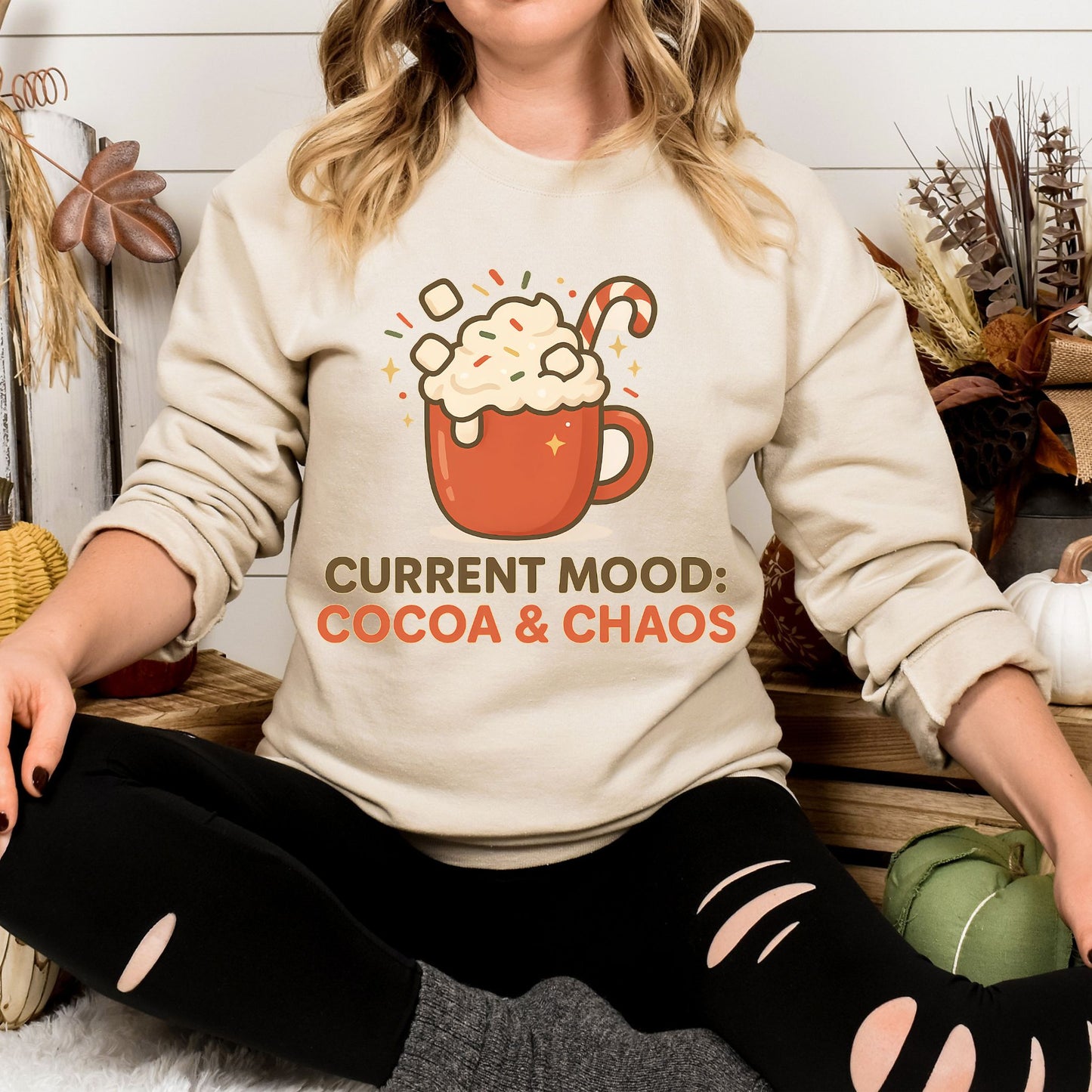 Current Mood: Cocoa & Chaos Holiday Sweatshirt – Cozy Christmas Crew Neck Pullover
