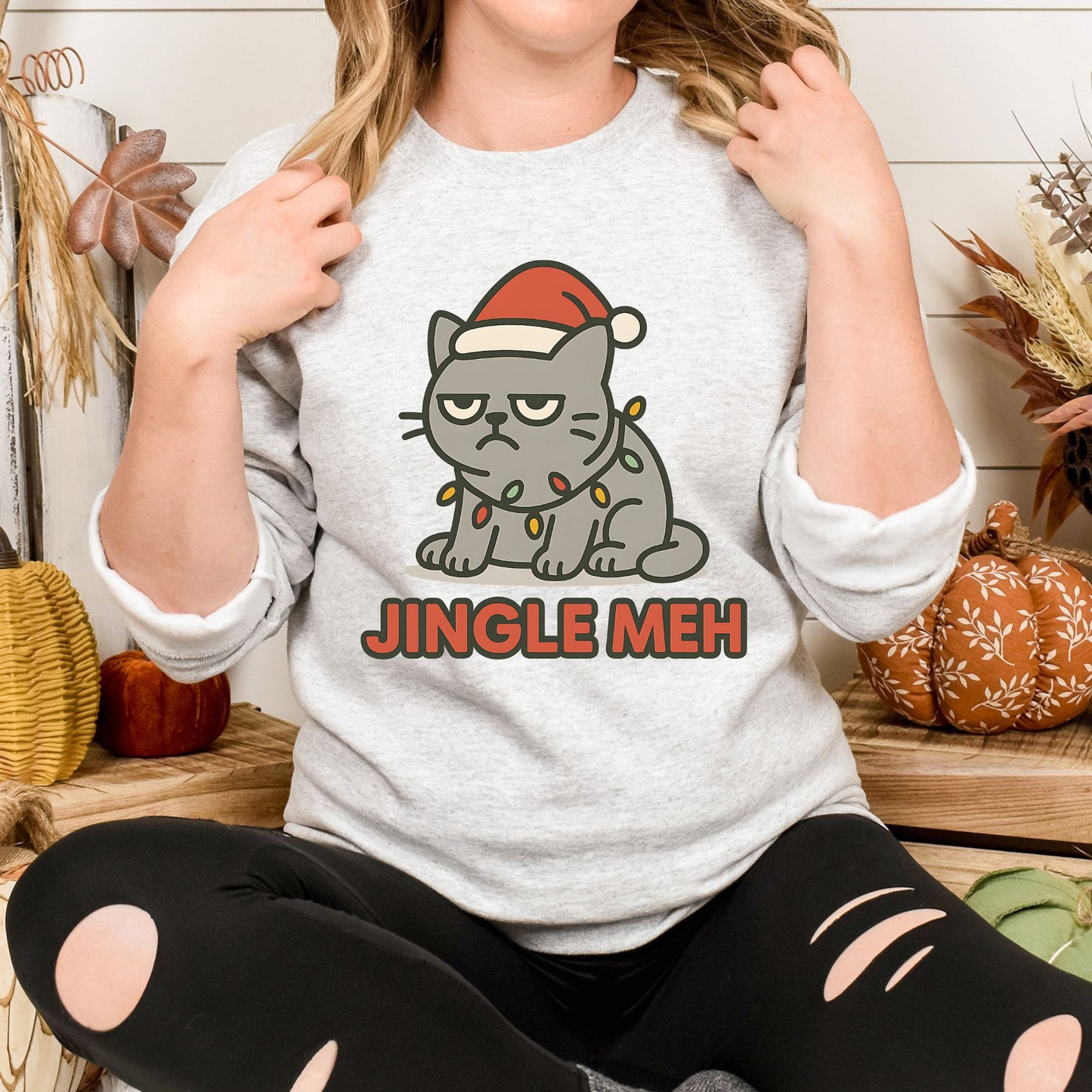Jingle Meh Grumpy Cat Christmas Sweatshirt – Funny Holiday Crew Neck Pullover
