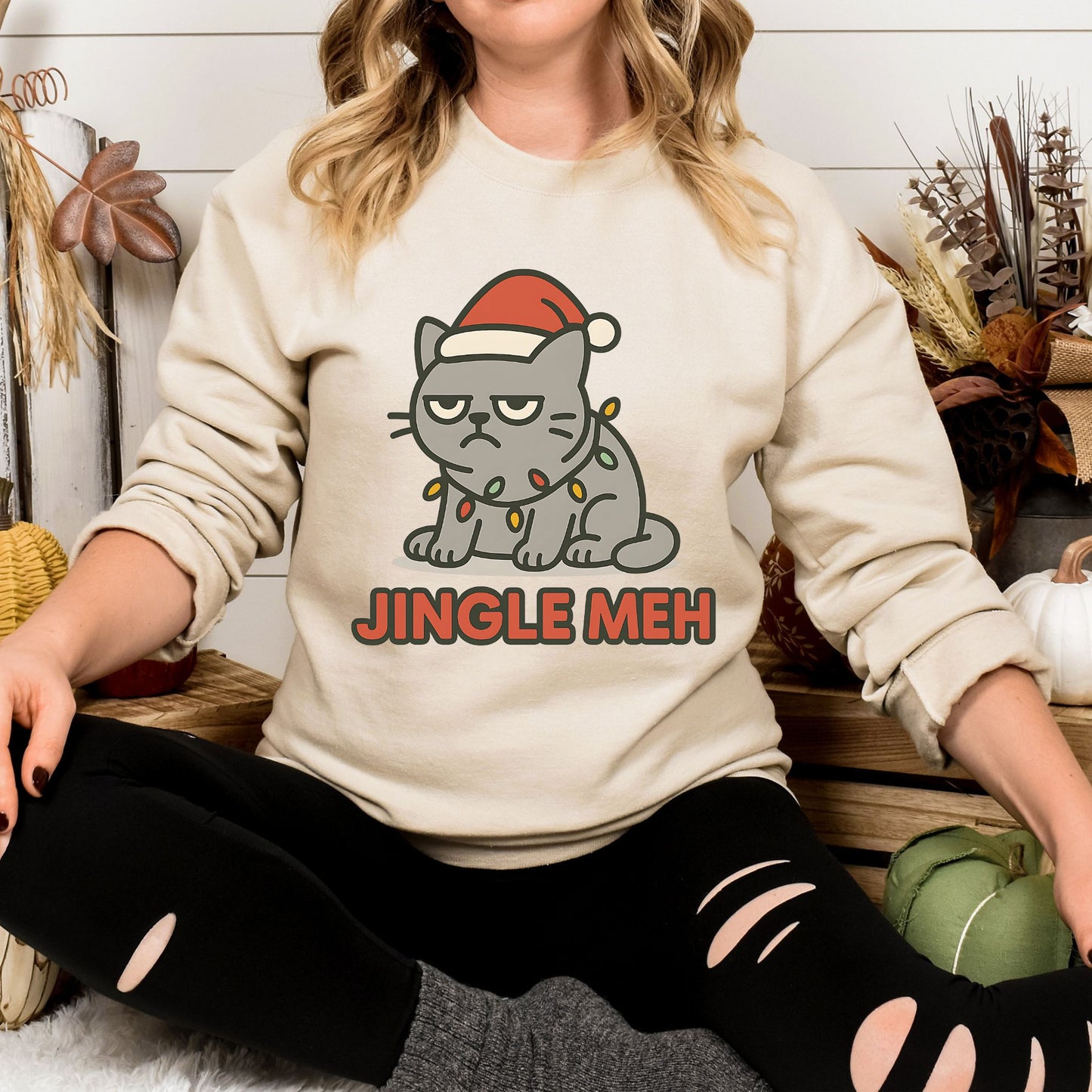 Jingle Meh Grumpy Cat Christmas Sweatshirt – Funny Holiday Crew Neck Pullover