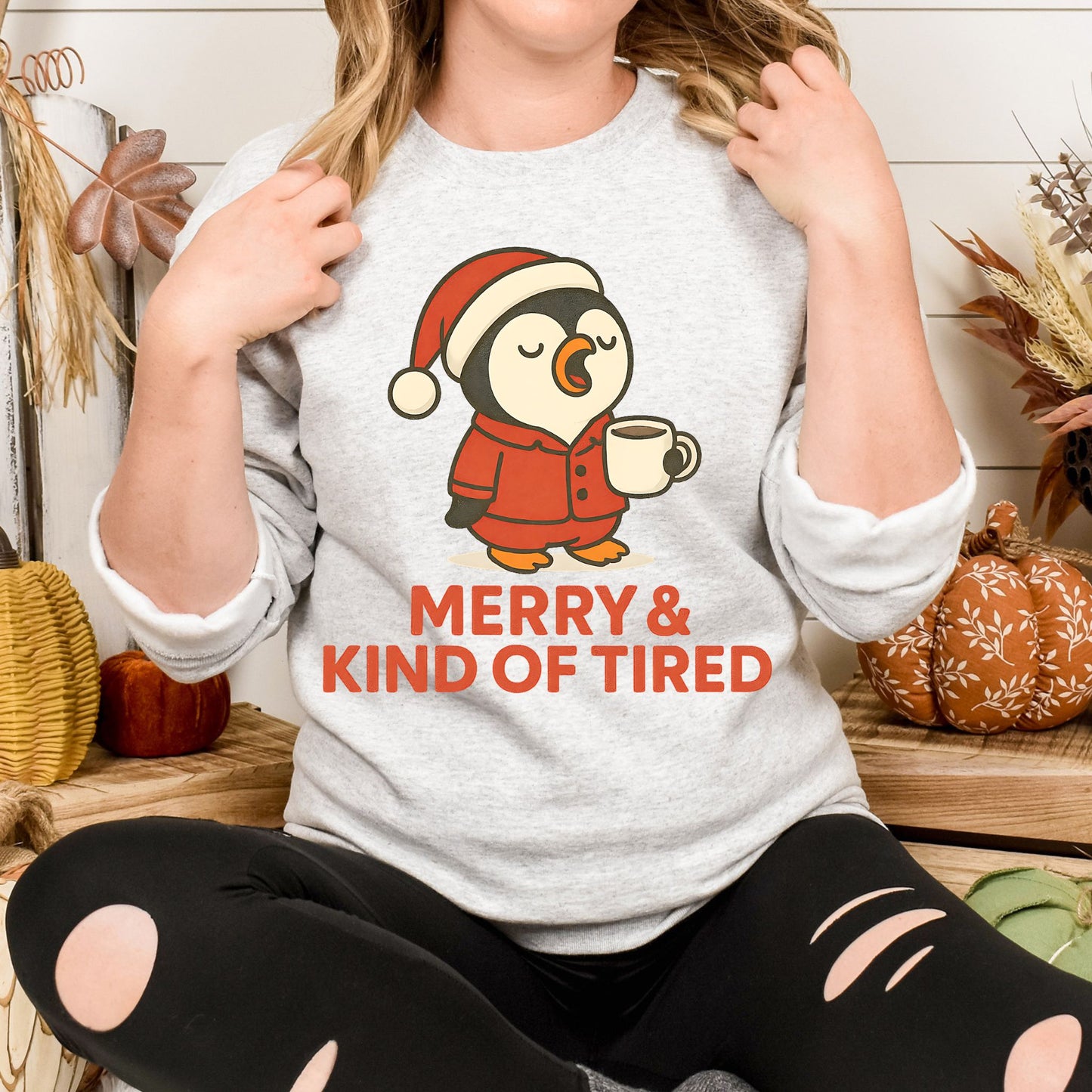 Merry & Kind of Tired Penguin Christmas Sweatshirt – Cozy Holiday Crew Neck