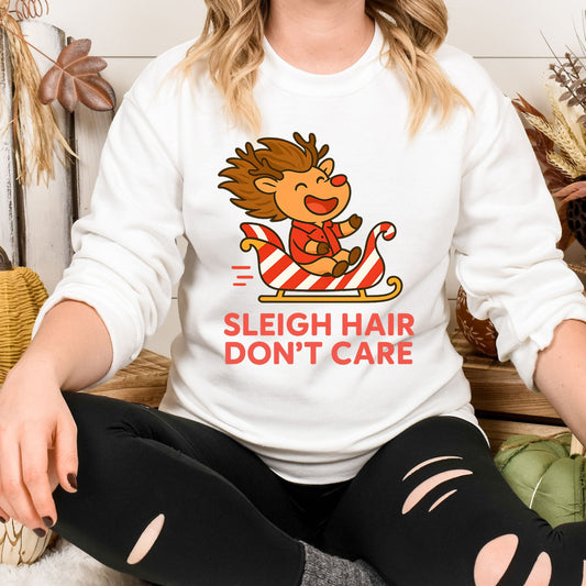 Sleigh Hair Don’t Care Reindeer Christmas Sweatshirt – Cozy Holiday Crew Neck