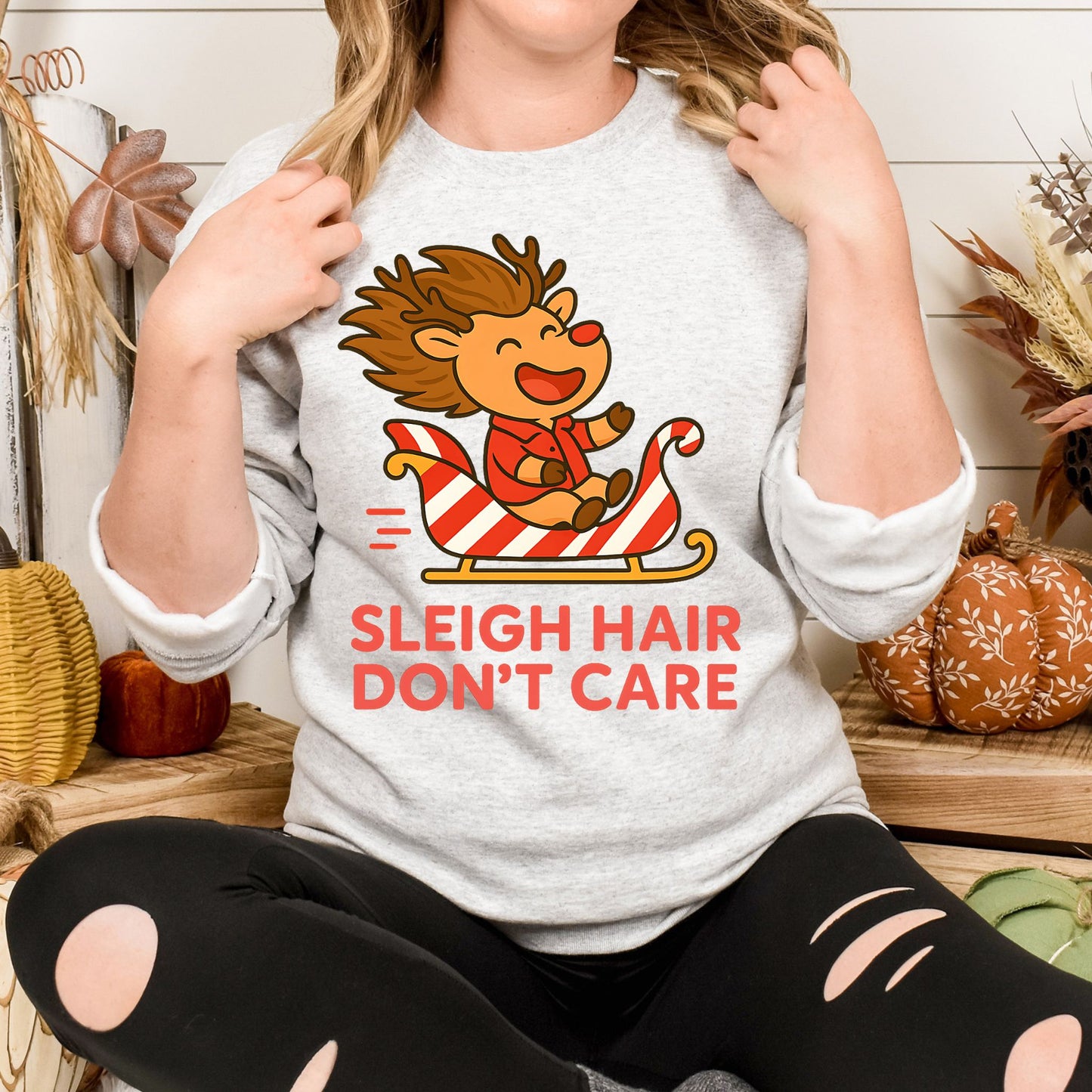Sleigh Hair Don’t Care Reindeer Christmas Sweatshirt – Cozy Holiday Crew Neck