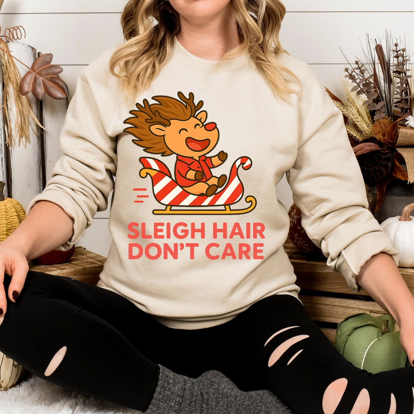 Sleigh Hair Don’t Care Reindeer Christmas Sweatshirt – Cozy Holiday Crew Neck