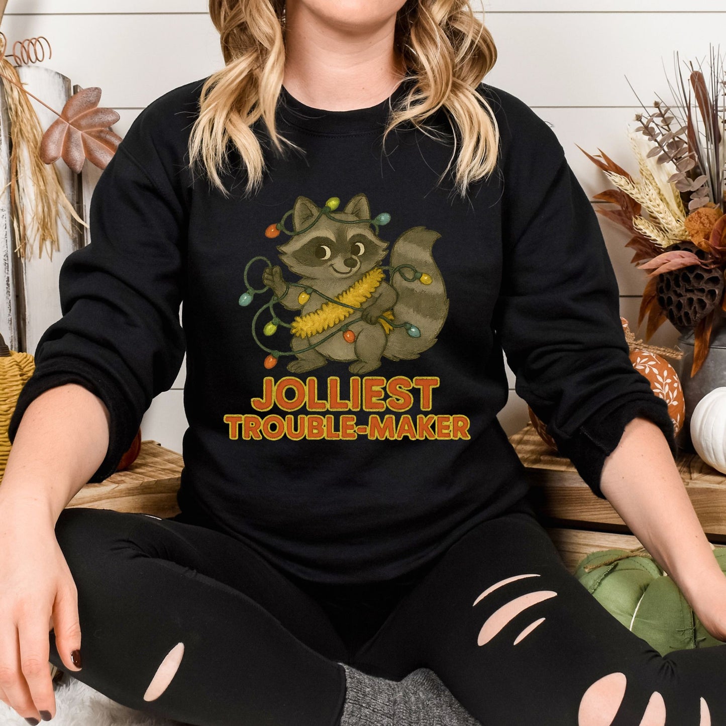 Jolliest Trouble-Maker Raccoon Christmas Sweatshirt | Cozy Unisex Holiday Pullover