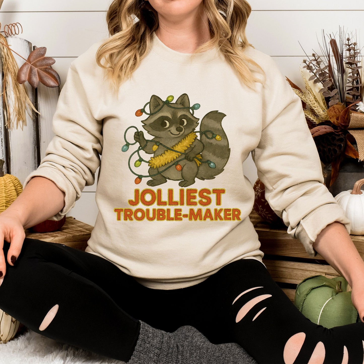 Jolliest Trouble-Maker Raccoon Christmas Sweatshirt | Cozy Unisex Holiday Pullover
