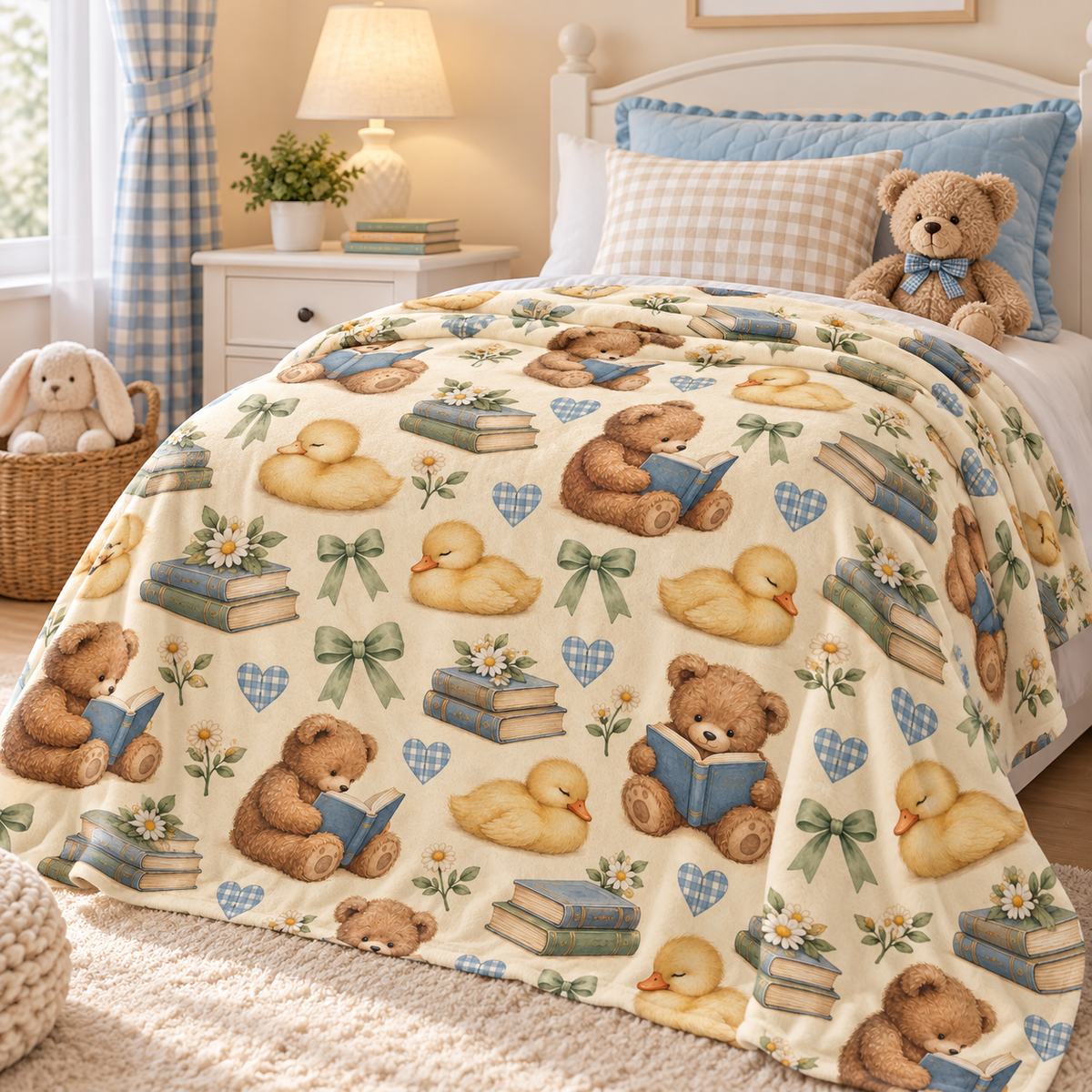 Cute Teddy Bear and Duckling Storytime Minky Blanket