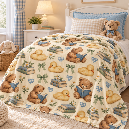 Cute Teddy Bear and Duckling Storytime Minky Blanket