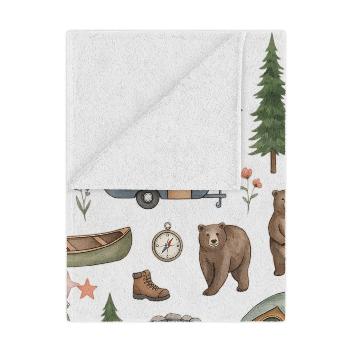 Camping Pattern Minky Blanket — Cozy Outdoor Adventure Throw with Tents, Campfire & Wildlife