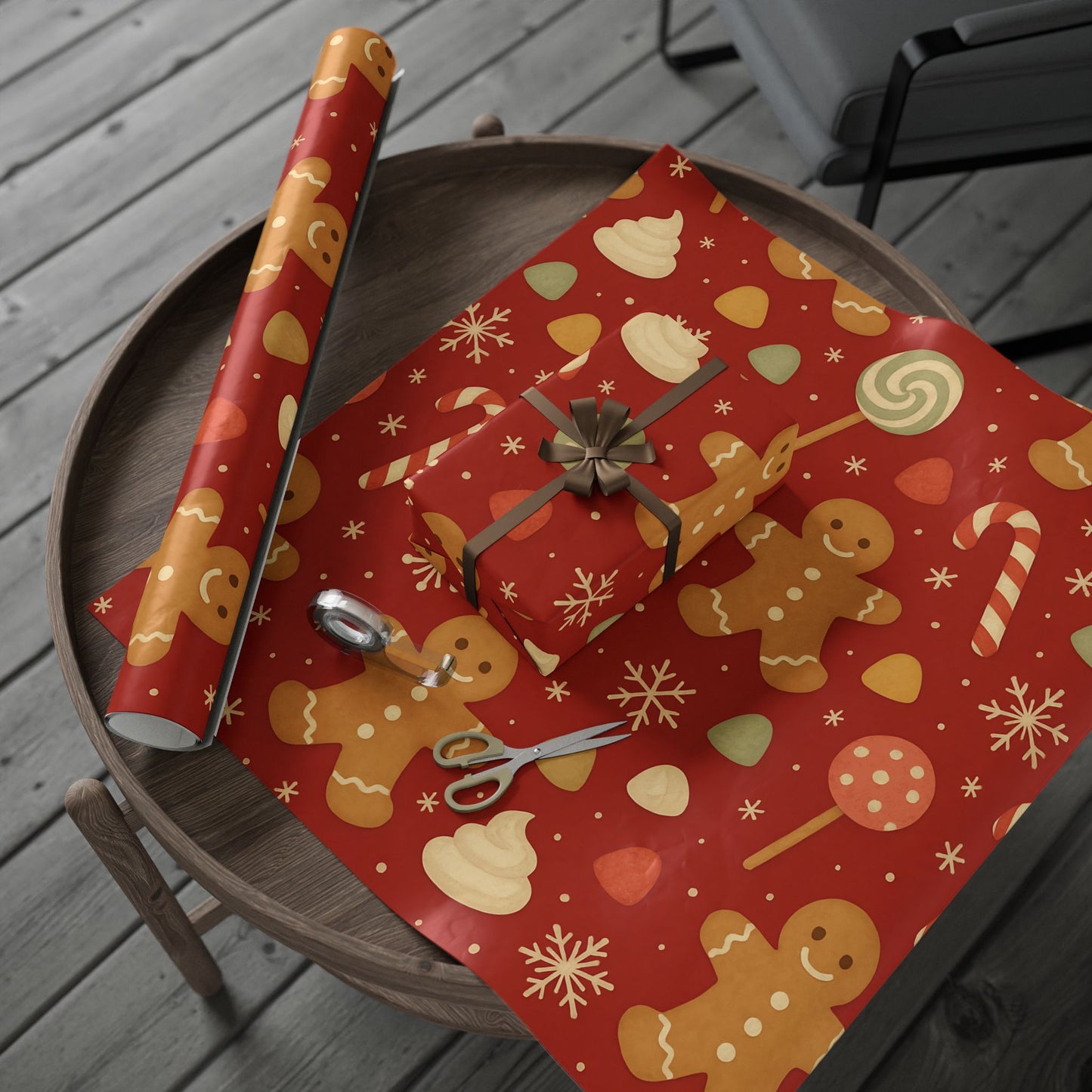 Gingerbread Christmas Wrapping Paper – Candy Canes, Gumdrops & Snowflakes on Red