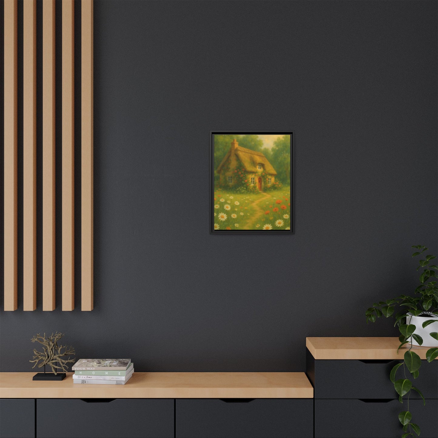 Cottage in Bloom – Framed Matte Canvas Art of Thatched Cottage & Wildflowers