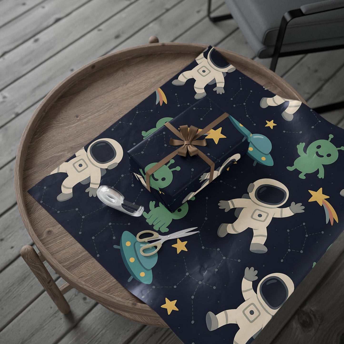 Space Explorers Wrapping Paper – Astronauts, Aliens & UFOs on Navy Starry Sky