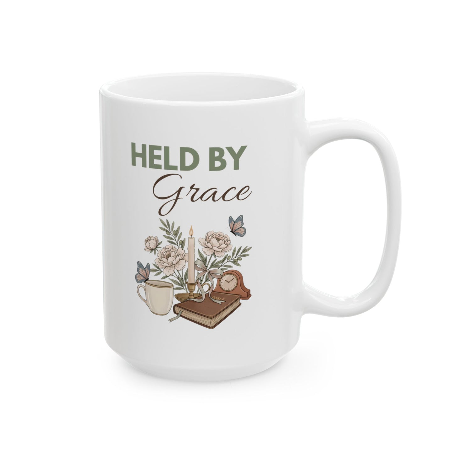 Held by Grace Ceramic Coffee Mug – Christian Inspirational Mug – Floral Bible Study Coffee Cup – Faith Gift for Women – 11oz & 15oz