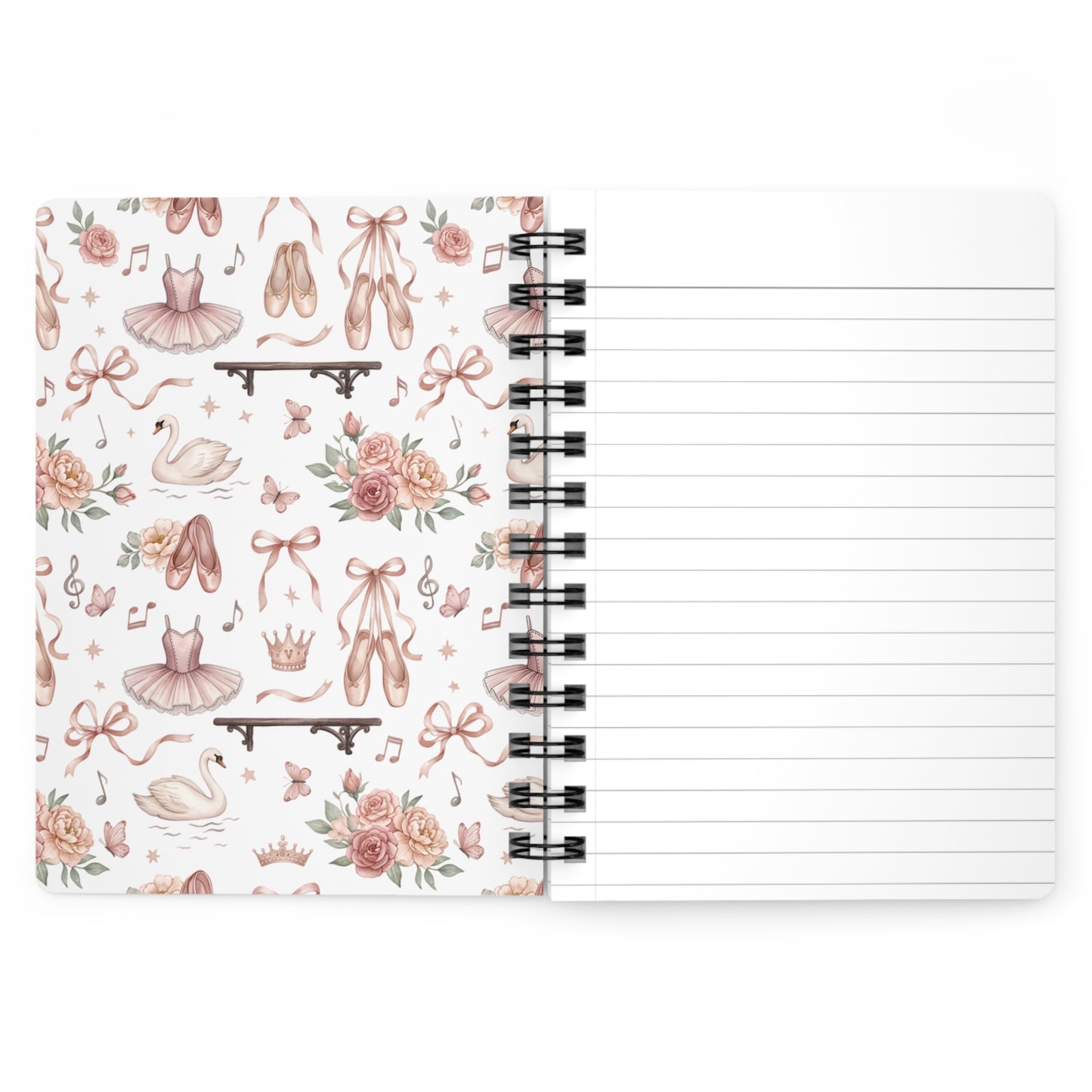 Ballet Dance Spiral Notebook — Cute Pink Tutu, Pointe Shoes & Swan Pattern Journal