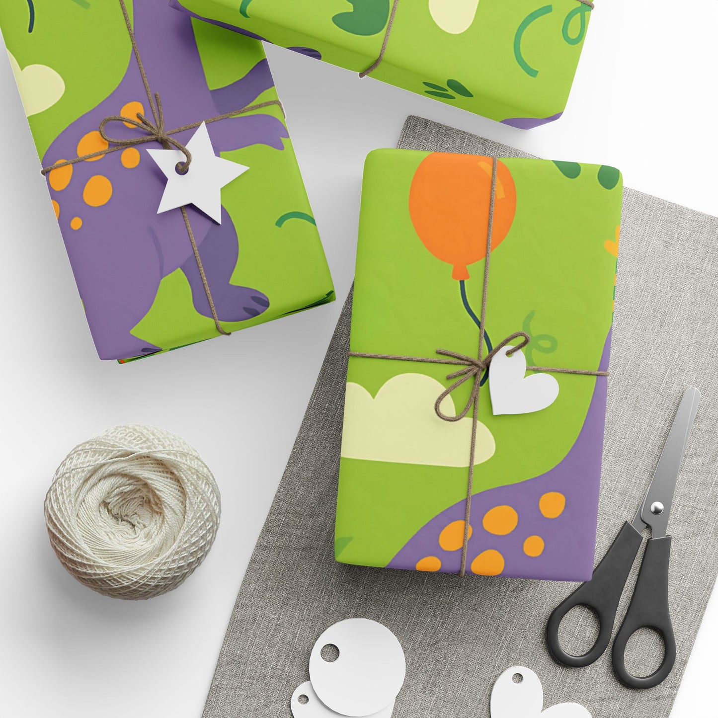 Dinosaur Party Wrapping Paper – Colorful Dinos with Balloons & Hats on Green