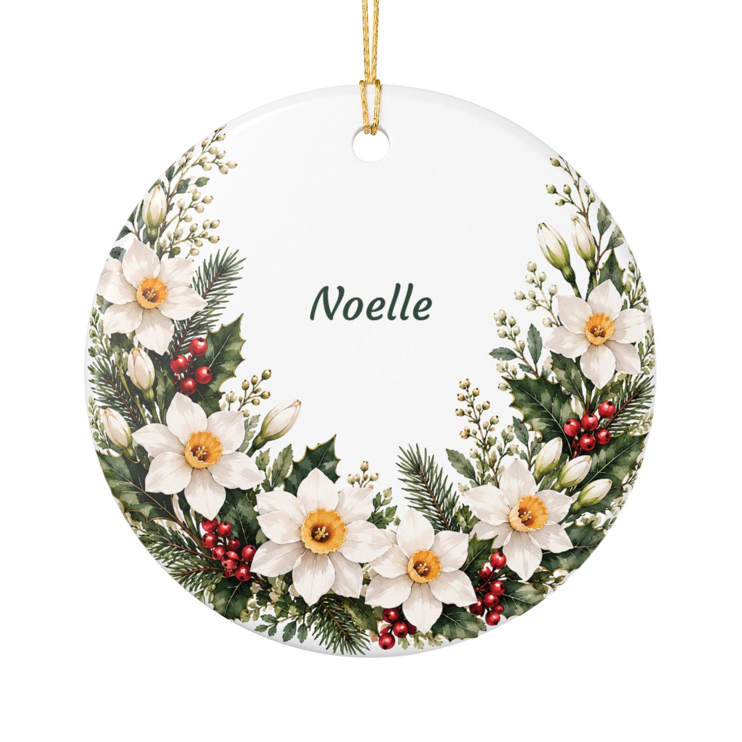 Personalized Ceramic Ornament — White Poinsettia & Berry Holiday Decoration