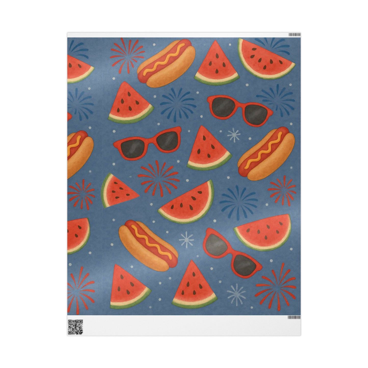 Summer BBQ Wrapping Paper – Watermelon, Hot Dogs & Fireworks on Blue