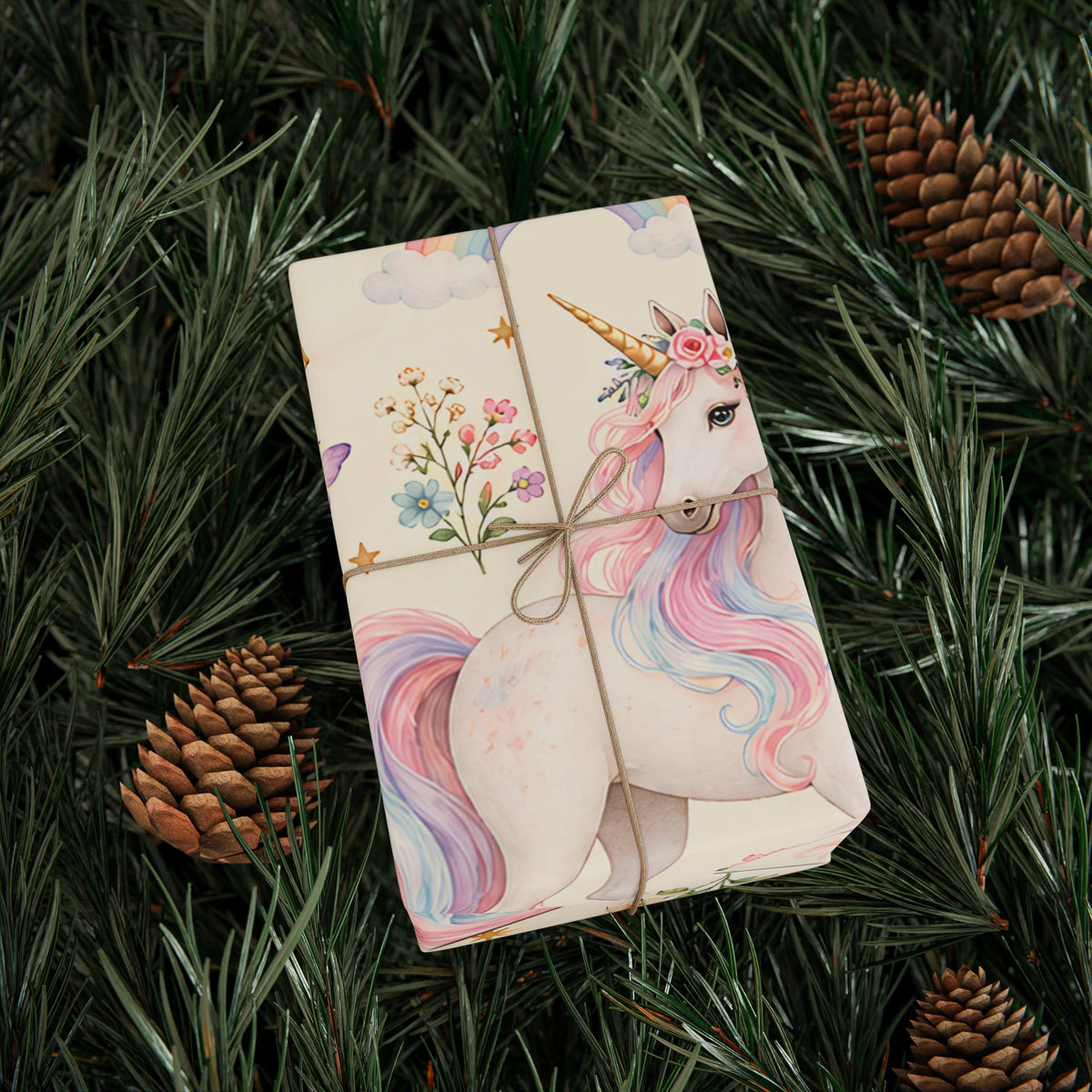 Unicorn Floral Wrapping Paper Roll — Pastel Rainbow Gift Wrap