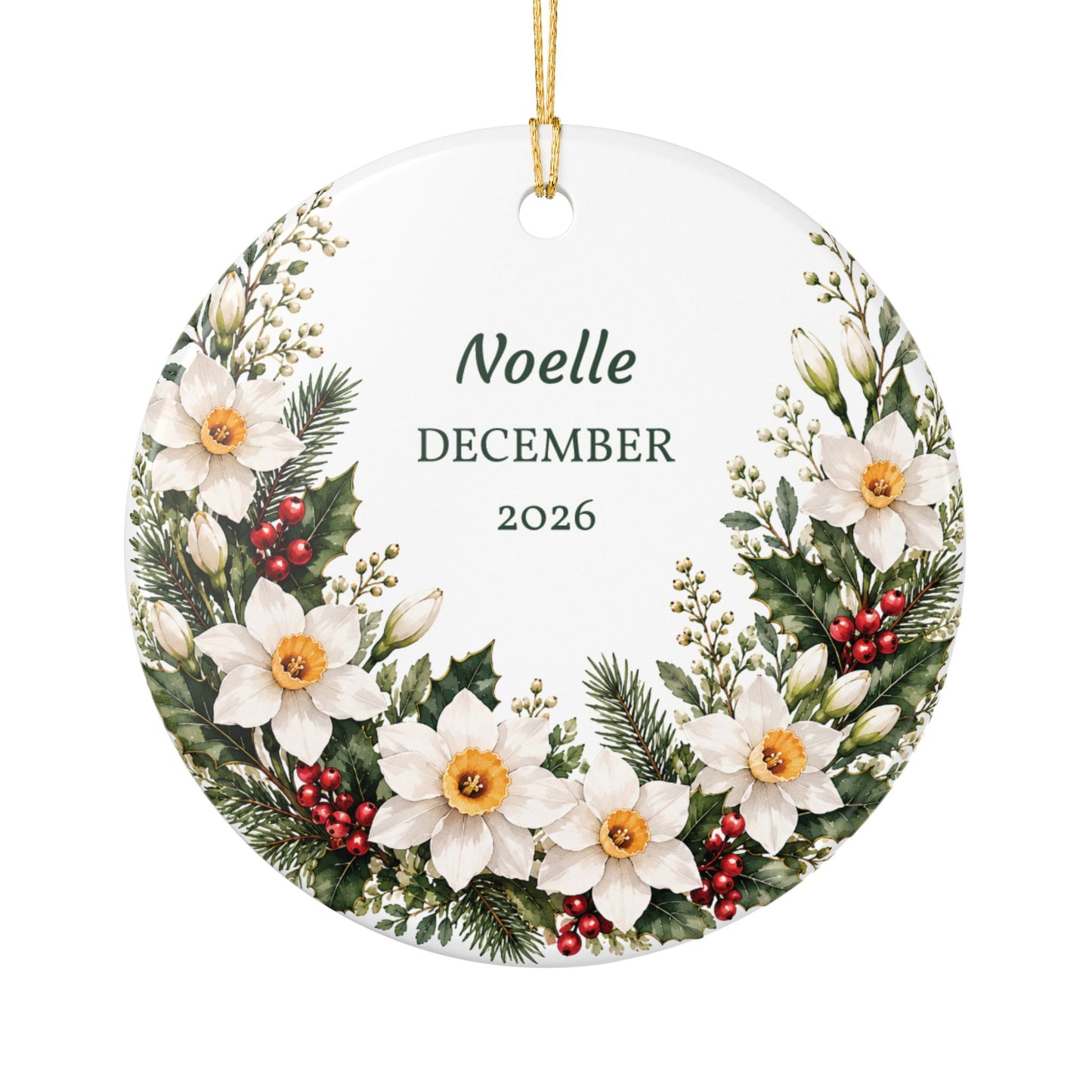 Personalized Christmas Ornament - Floral Wreath Ceramic Holiday Decoration (Name & Month/Year)