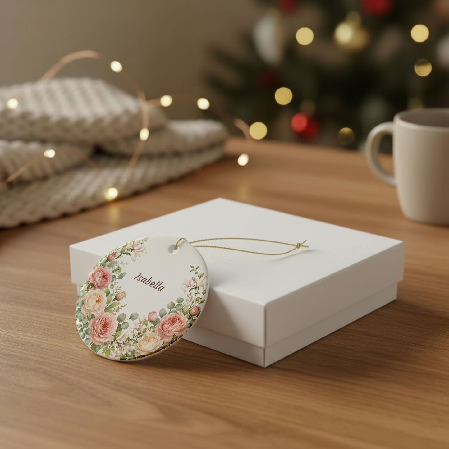 Personalized Floral Ceramic Ornament — Custom Name Rose Wreath Decoration