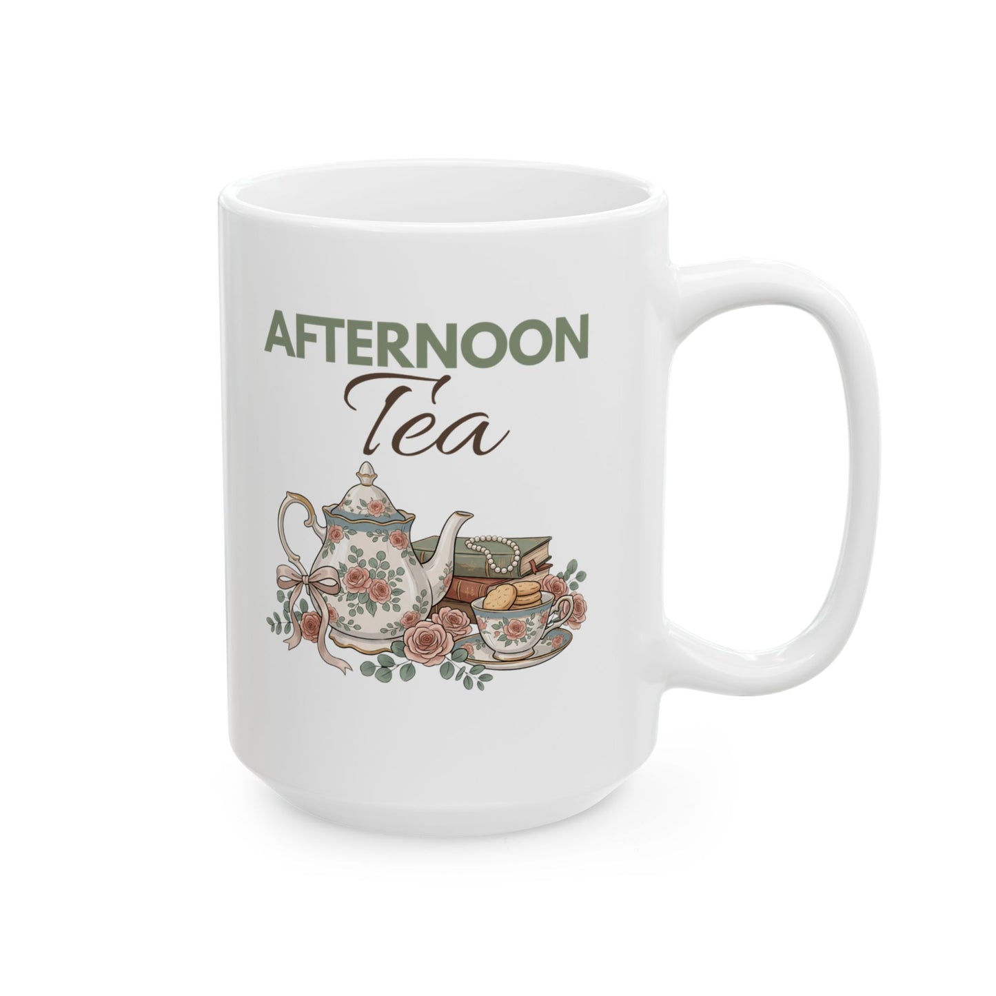 Afternoon Tea Ceramic Coffee Mug – Floral Tea Lover Mug – Vintage Teapot Tea Cup – Cozy Gift for Tea Lovers – 11oz & 15oz