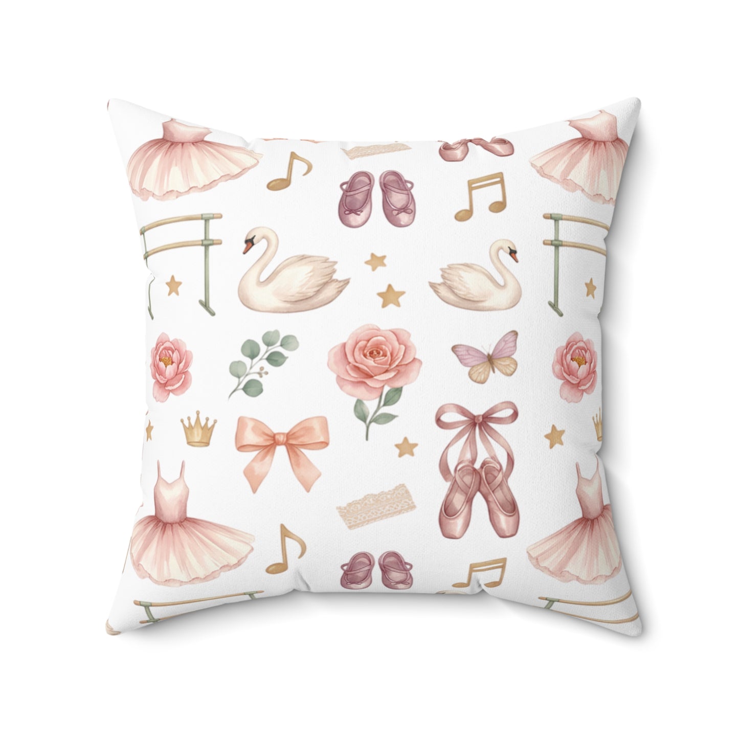 Ballet Dancer Pattern Square Throw Pillow — Pink Tutu, Ballet Shoes & Swan Decorative Cushion